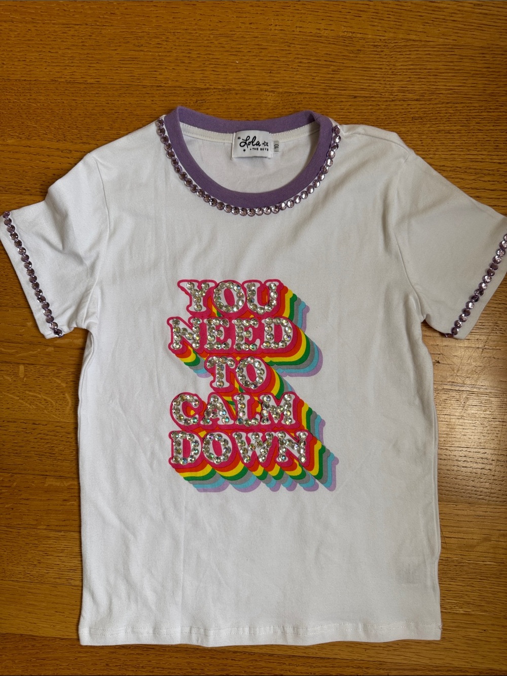 Lola + The Boys White Tee with Purple Trim & Rainbow Graphic